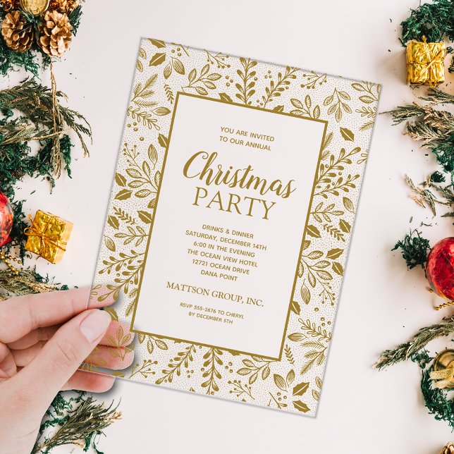 Elegant Gold Botanicals Christmas Party Acrylic Invitations (Elegant gold botanicals border CLEAR ACRYLIC Christmas holiday party invitations)