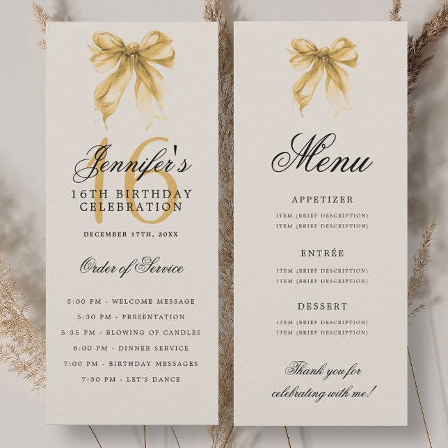 Elegant Gold Bow 16th Birthday Party Program Menu (Elegant Gold Bow 16th Birthday Party Program Menu)