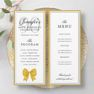 Elegant Gold Bow 90th Birthday Program + Menu