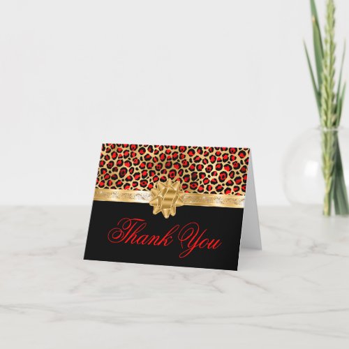 Elegant Gold Bow and Ribbon Black Red Leopard Glam Thank You Card