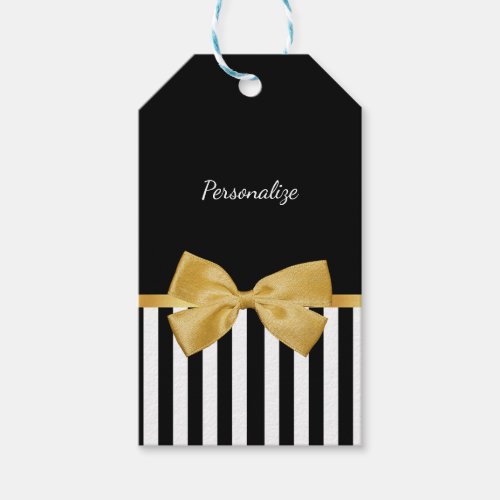 Elegant Gold Bow Black and White Stripes With Name Gift Tags