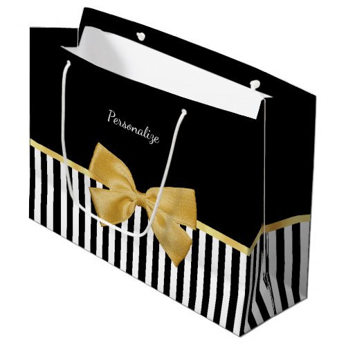 Elegant Gold Bow Black and White Stripes With Name Large Gift Bag