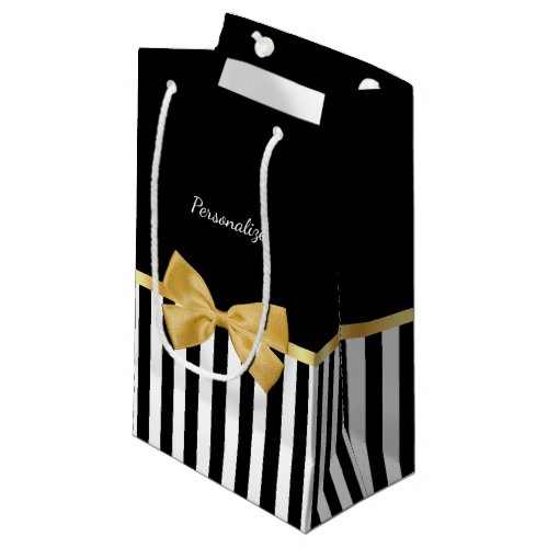 Elegant Gold Bow Black and White Stripes With Name Small Gift Bag