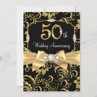 Elegant Gold Bow black Diamond 50th Anniversary Invitation