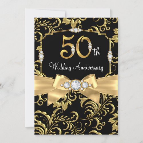 Elegant Gold Bow black Diamond 50th Anniversary Invitation