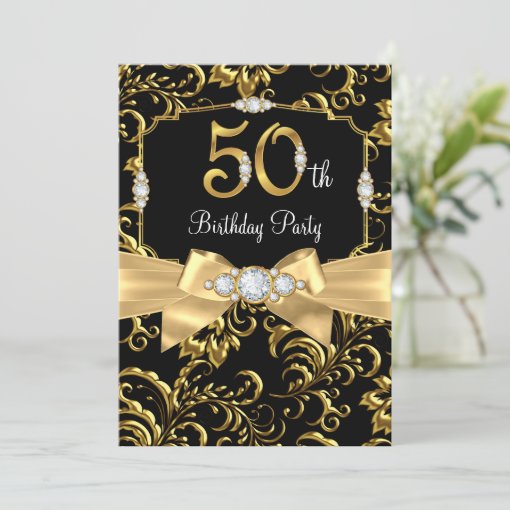 Elegant Gold Bow black Diamond 50th Birthday party Invitation | Zazzle
