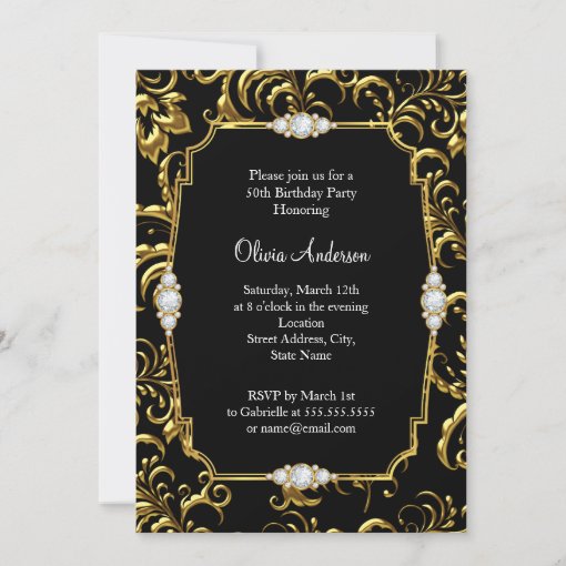 Elegant Gold Bow Black Diamond 50th Birthday Party Invitation 