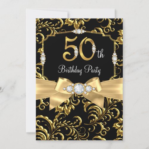 Elegant Gold Bow black Diamond 50th Birthday party Invitation