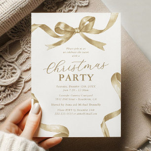 Elegant Gold Bow Christmas Holiday Party Invitation