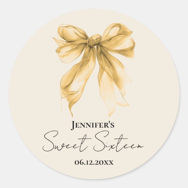 Elegant Gold Bow Coquette Script Sweet 16 Party  Classic Round Sticker (Front)