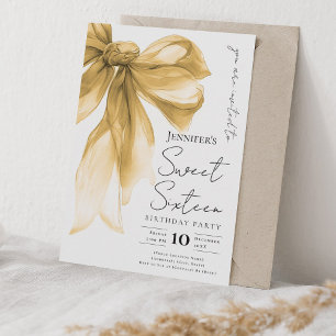 Elegant Gold Bow Coquette Script Sweet 16 Party Invitation