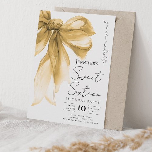 Elegant Gold Bow Coquette Script Sweet 16 Party 