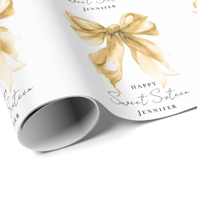 Elegant Gold Bow Coquette Script Sweet 16 Party  Wrapping Paper (Roll Corner)