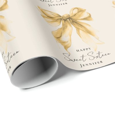 Elegant Gold Bow Coquette Script Sweet 16 Party  Wrapping Paper