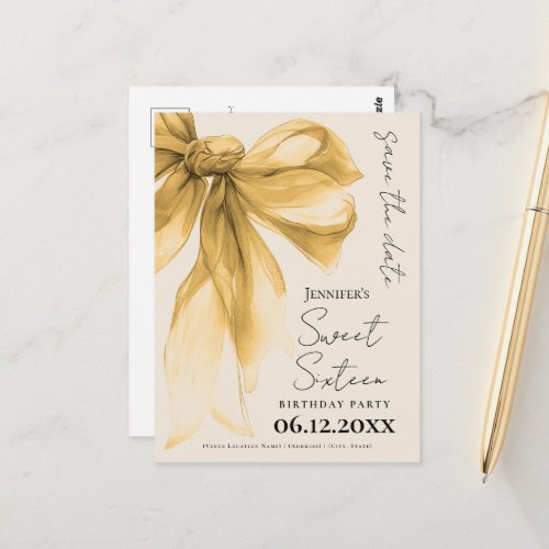 Elegant Gold Bow Coquette Sweet 16 Save the Date 