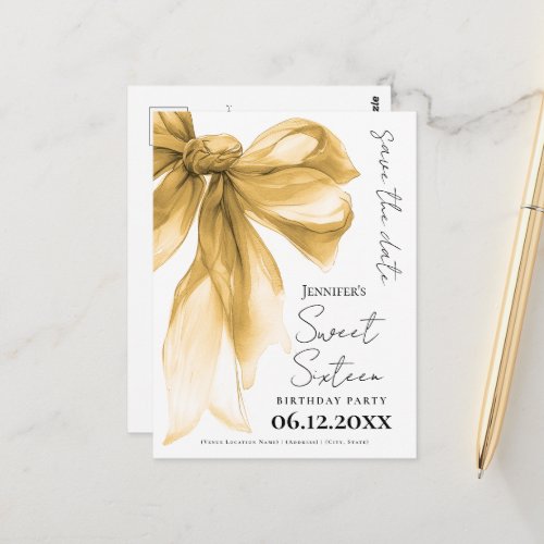 Elegant Gold Bow Coquette Sweet 16 Save the Date 