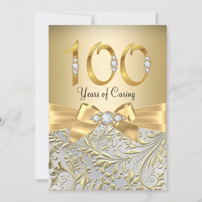 Elegant Gold Bow Diamond 100th Anniversary Invitation (Front)