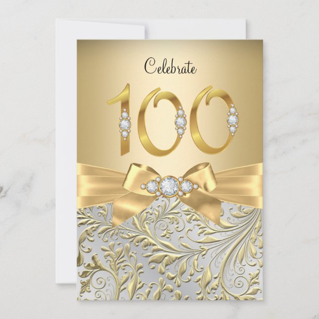 Elegant Gold Bow Diamond 100th Anniversary Invitation (Front)