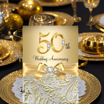 Elegant Gold Bow Diamond 50th Anniversary Invitation by Zizzago at Zazzle