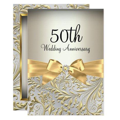 Elegant Gold Bow &amp; Floral Swirl 50th Anniversary Invitation