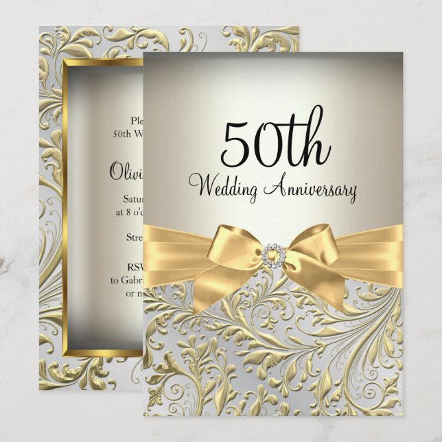 Elegant Gold Bow & Floral Swirl 50th Anniversary Invitation (Front/Back)
