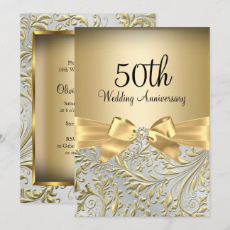 Elegant Gold Bow Floral Swirl 50th Anniversary Invitation