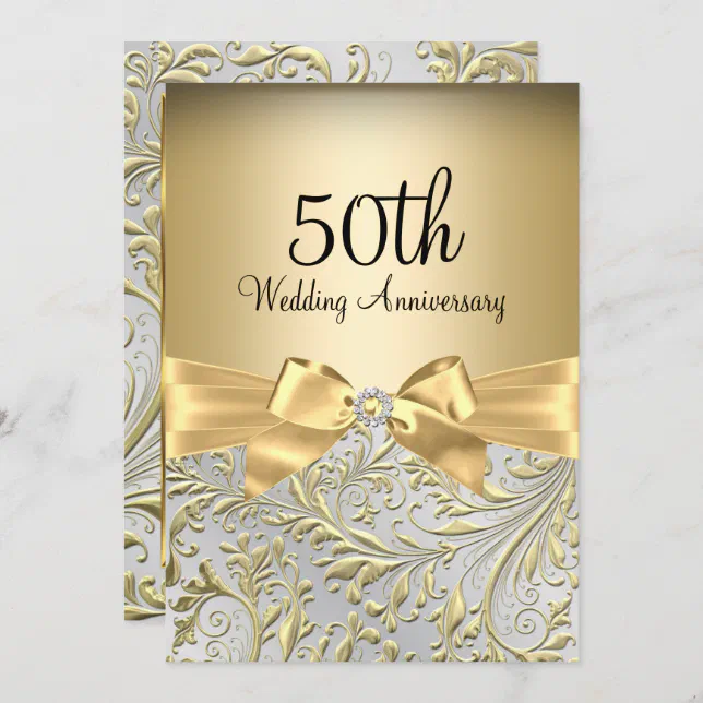 Elegant Gold Bow Floral Swirl 50th Anniversary Invitation | Zazzle