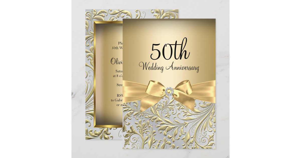Elegant Gold Bow Floral Swirl 50th Anniversary Invitation | Zazzle
