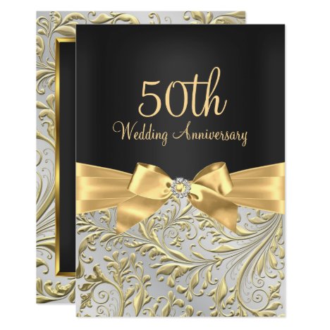Elegant Gold Bow &amp; Floral Swirl 50th Anniversary Invitation