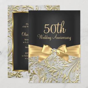 Elegant Gold Bow & Floral Swirl 50th Anniversary Invitation