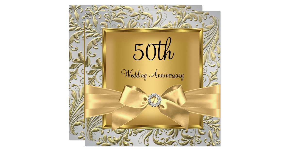 Elegant Gold Bow Floral Swirl 50th Anniversary sq Invitation | Zazzle.com