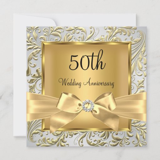 Elegant Gold Bow Floral Swirl 50th Anniversary sq Invitation | Zazzle