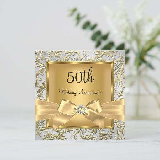 Elegant Gold Bow Floral Swirl 50th Anniversary sq Invitation | Zazzle