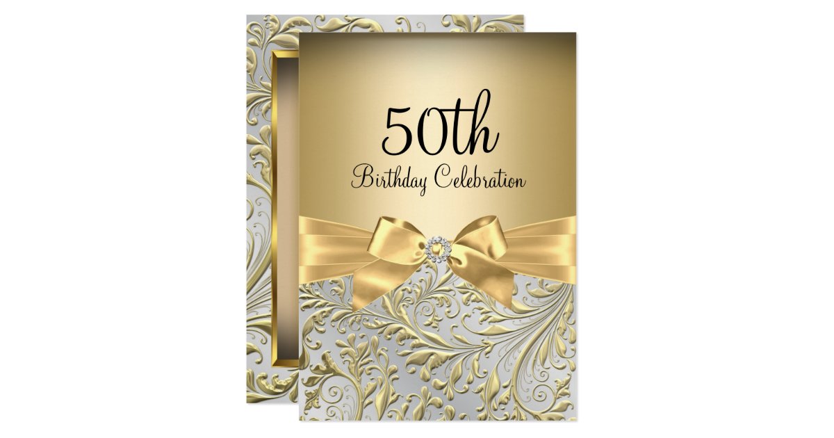 Elegant Gold Bow Floral Swirl 50th Birthday Party Invitation | Zazzle.com