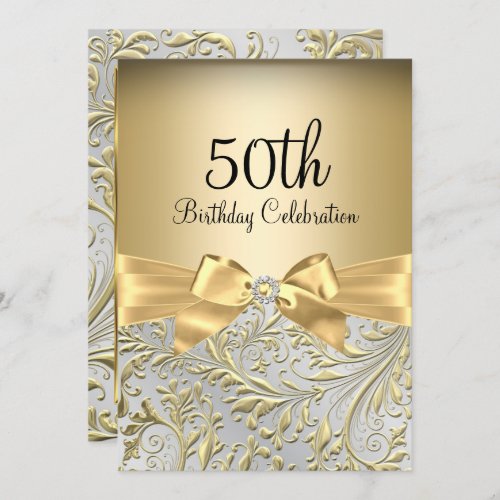 Elegant Gold Bow Floral Swirl 50th Birthday Party Invitation