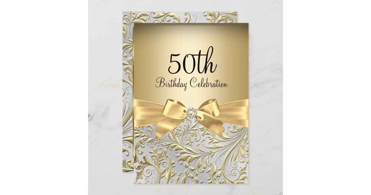Elegant Gold Bow Floral Swirl 50th Birthday Party Invitation | Zazzle