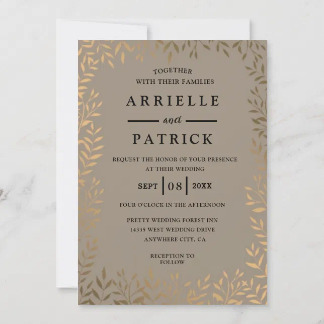 Elegant Gold Bow Golden Leaf Wedding Invitation | Zazzle