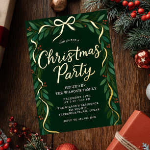 Elegant Gold Bow Greenery Christmas Party Foil Invitation