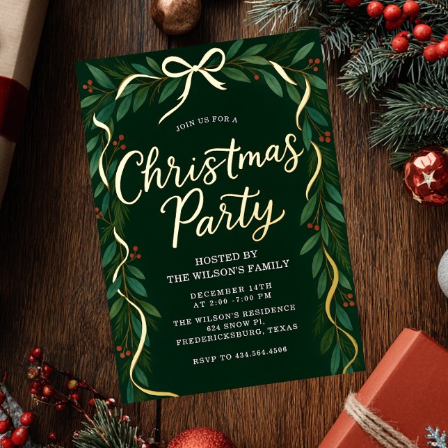 Elegant Gold Bow Greenery Christmas Party  Foil Invitation (Creator Uploaded)