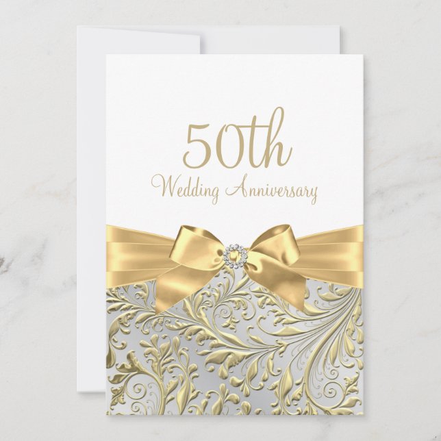 Elegant Gold Bow Leaf White 50th Anniversary Invitation (Front)