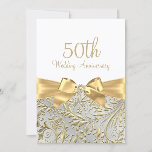 Elegant Gold Bow Leaf White 50th Anniversary Invitation