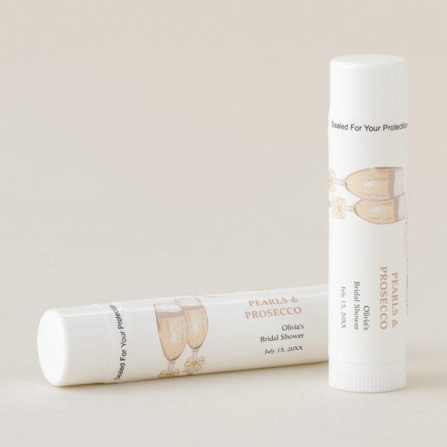 Elegant Gold Bow Pearls and Prosecco Bridal Shower Lip Balm (Front)