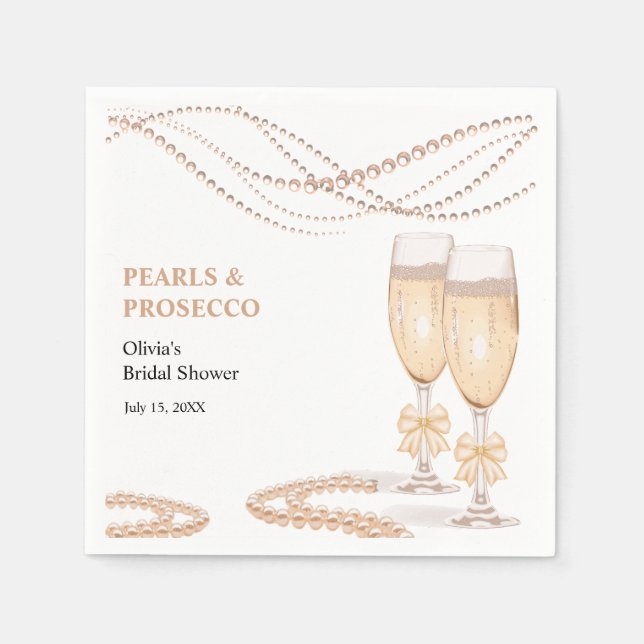 Elegant Gold Bow Pearls and Prosecco Bridal Shower Napkins (Front)