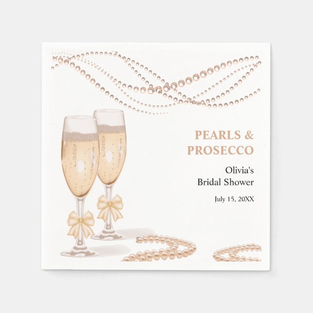 Elegant Gold Bow Pearls and Prosecco Bridal Shower Napkins (Front)
