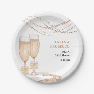 Elegant Gold Bow Pearls and Prosecco Bridal Shower Paper Plates