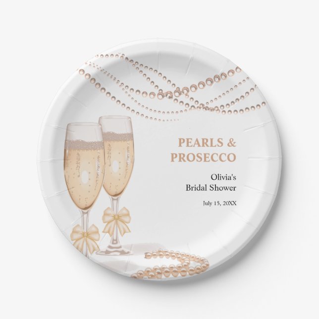 Elegant Gold Bow Pearls and Prosecco Bridal Shower Paper Plates (Front)