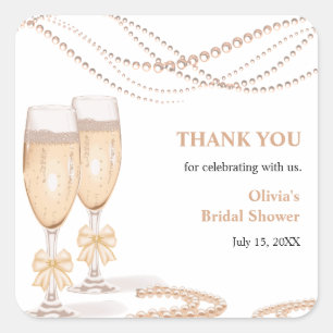 Elegant Gold Bow Pearls and Prosecco Bridal Shower Square Sticker
