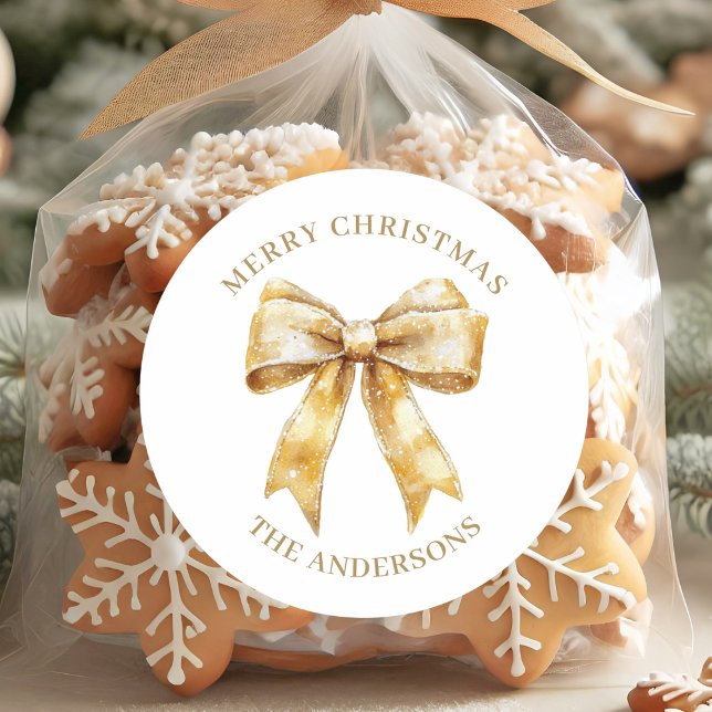 Elegant Gold Bow Personalized Christmas Classic Round Sticker (Creator Uploaded)