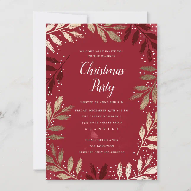 Elegant Gold Branch Foliage Christmas Party Invitation | Zazzle