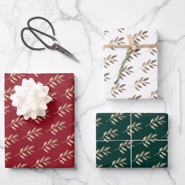 Elegant Gold Branch Red and Green Christmas Wrapping Paper Sheets (Front)